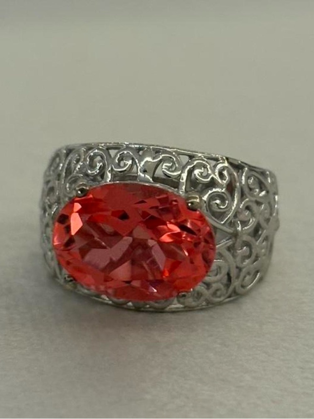 925 Sterling Silver Filigree Engraved Chunky Orange Gem Domed Wide Ring Size 7